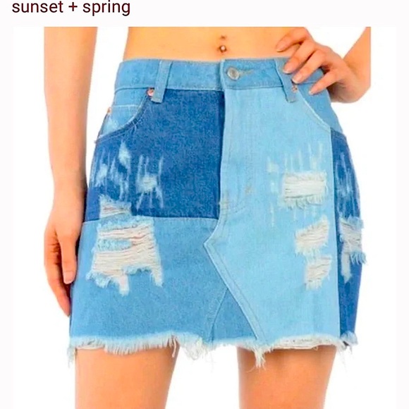 Sunset+Spring Patchwork Denim Mini Skirt - Picture 5 of 13